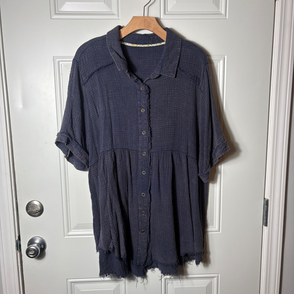 Pol Womens Top Size 2XL Blue Excellent Gauze Frayed Babydoll Button Down WK6397